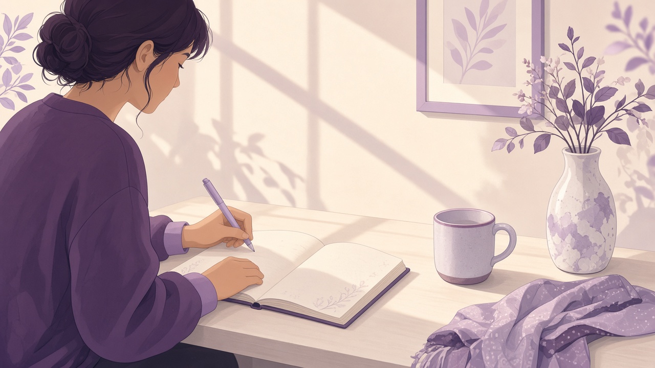 A person at a sunlit desk writing in a notebook beside a mug, morning light on cream paper
