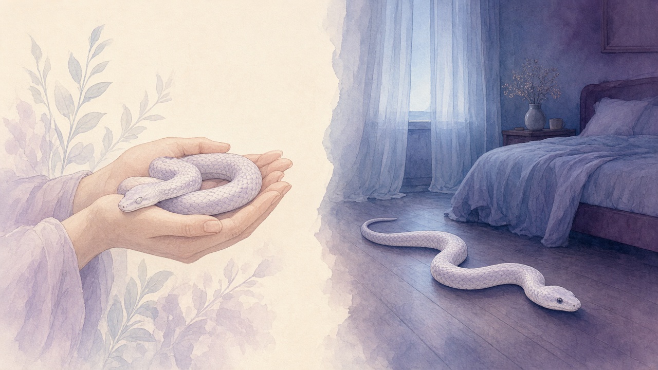 Two soft dream scenes side by side: a calm snake resting in open hands, and a snake moving across a dim floor