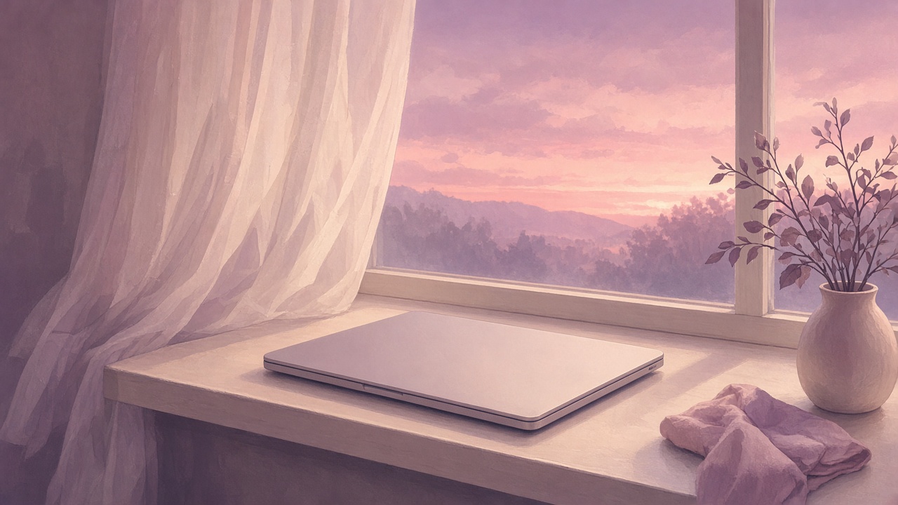 A closed laptop on a quiet windowsill at dusk, soft plum shadows and no open documents