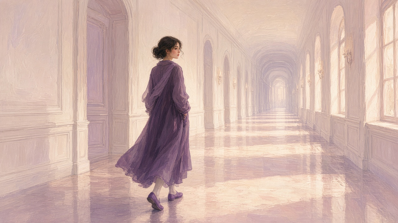 A person glancing back down a long empty hallway in soft dusk light, mid-stride