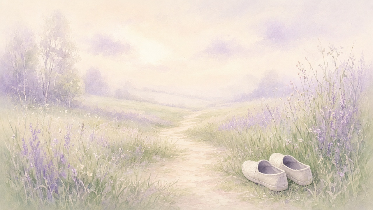 Empty shoes left at the edge of a path through tall grass in calm morning light
