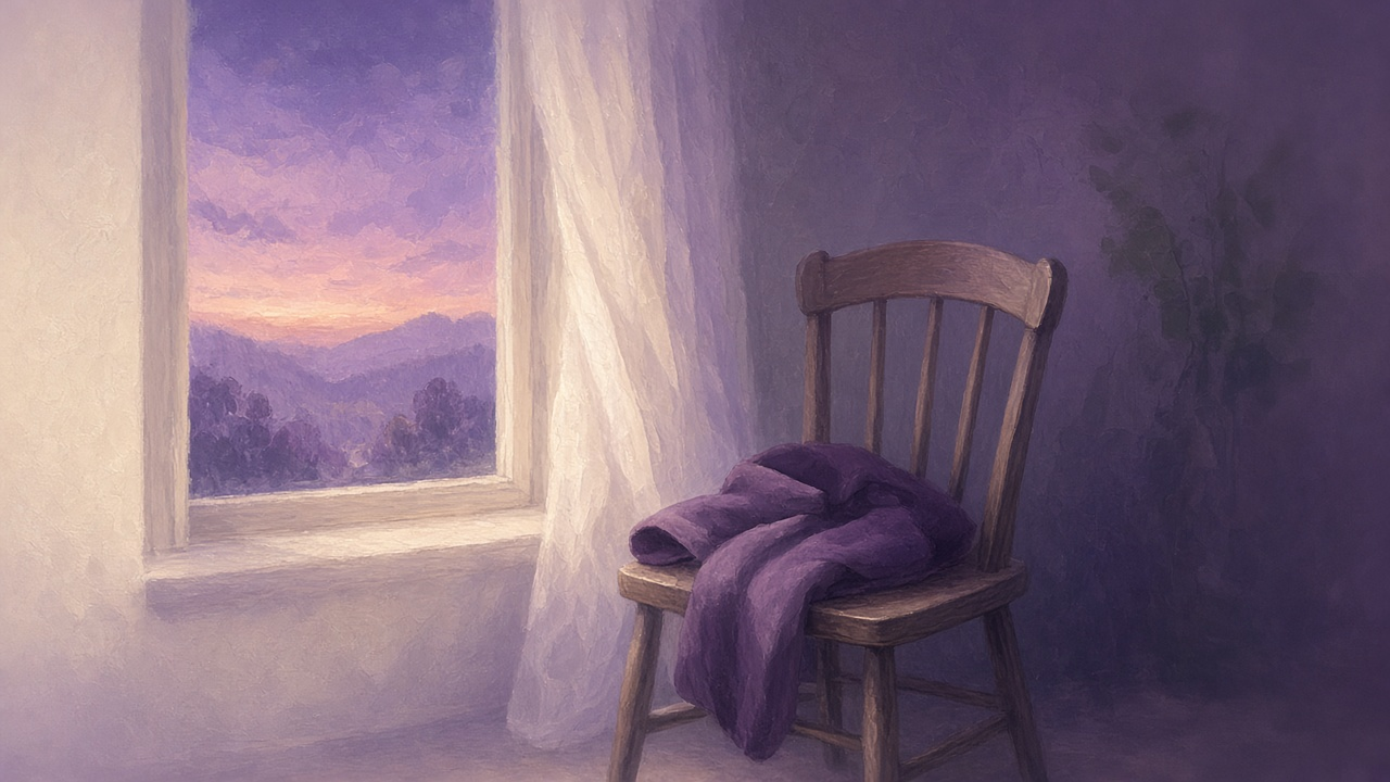 An empty wooden chair by a window at dusk with a folded coat resting on the seat