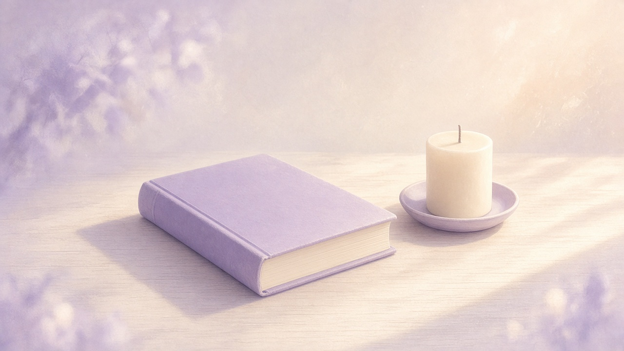 Soft morning light on a closed book and a single unlit candle on a plain table
