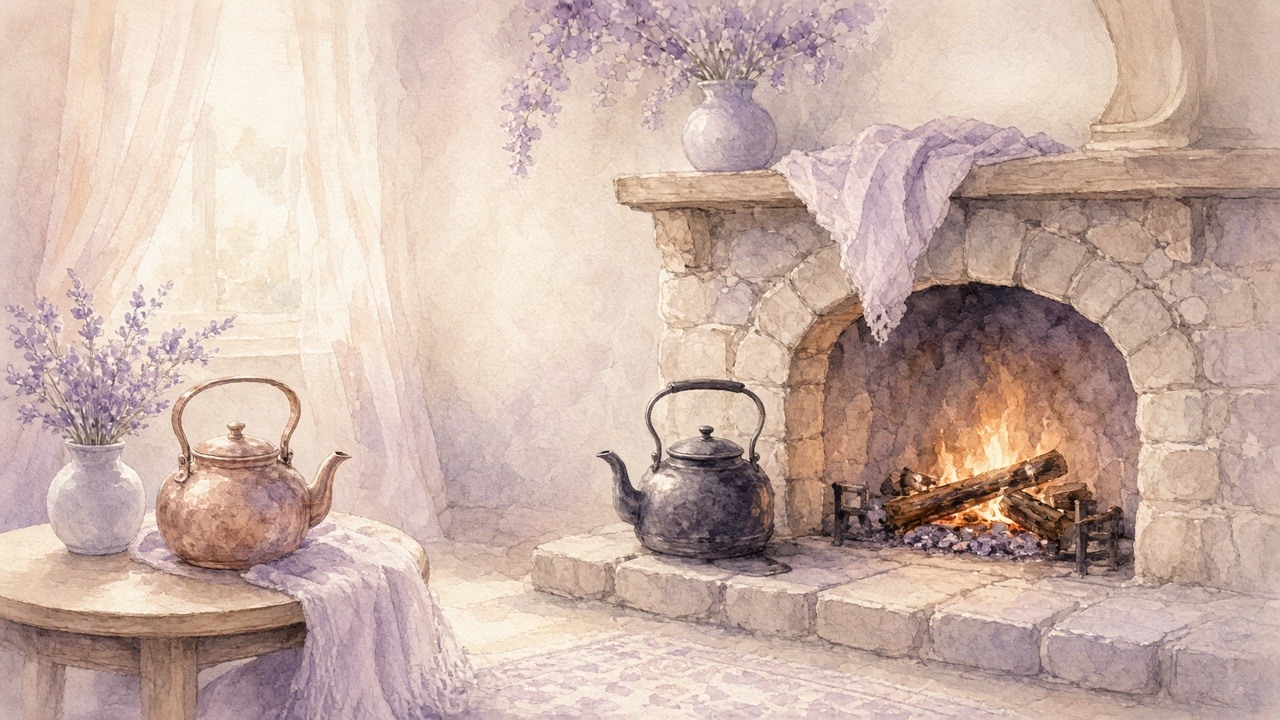 A small controlled fire in a stone hearth with a kettle nearby in soft indoor light