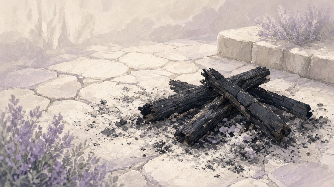 Charred wood and pale ash on a stone patio after a fire has gone out, quiet daylight