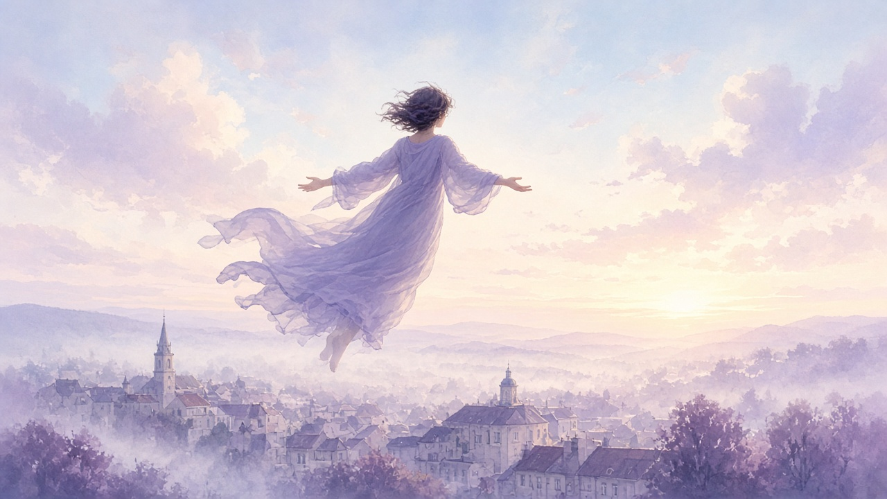 A person with arms open above a quiet town at soft sunrise, feet clear of the rooftops