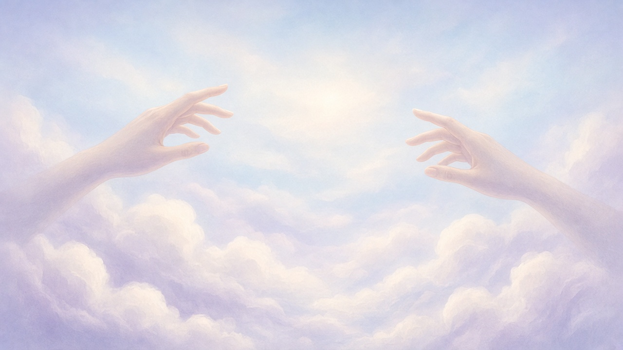 Soft clouds below a pair of outstretched hands in pale sky light, no ground visible