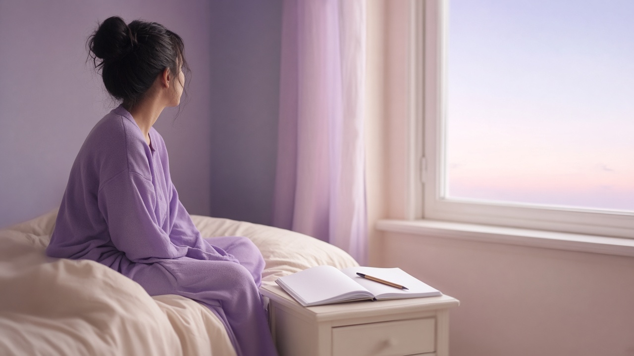 A person sitting on a cream bed at dawn, with a blank notebook on the bedside table