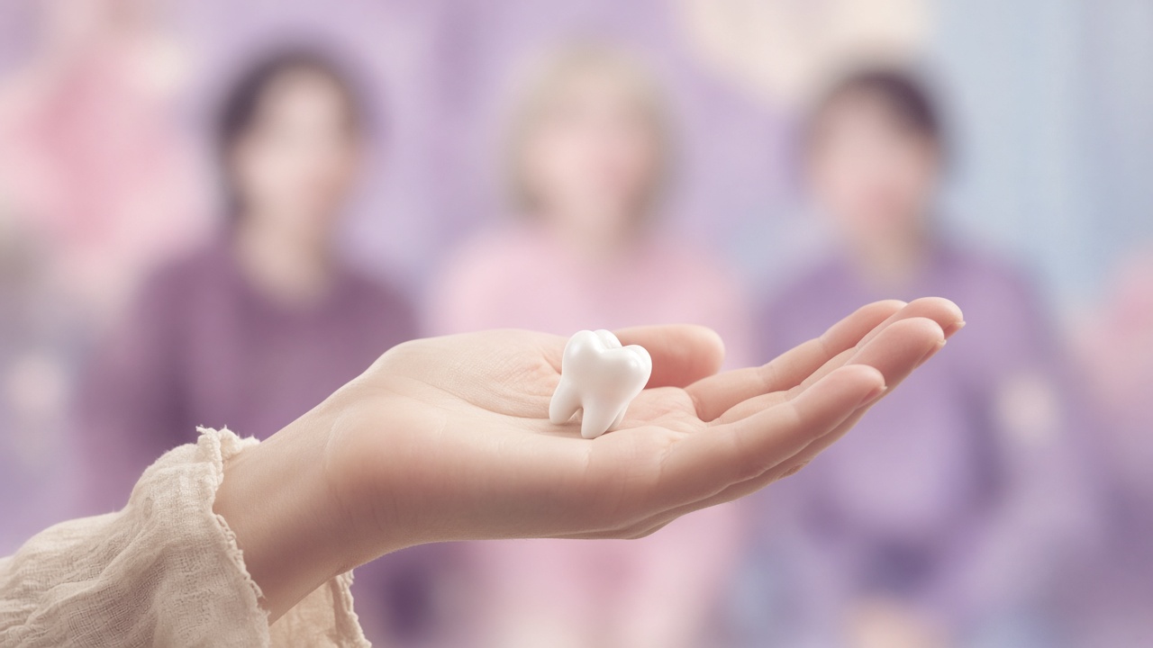 A white molar resting in an open palm, with people watching from a blurred room