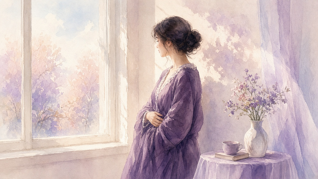A quiet bedroom corner with soft morning light on an empty wooden cradle and folded blanket