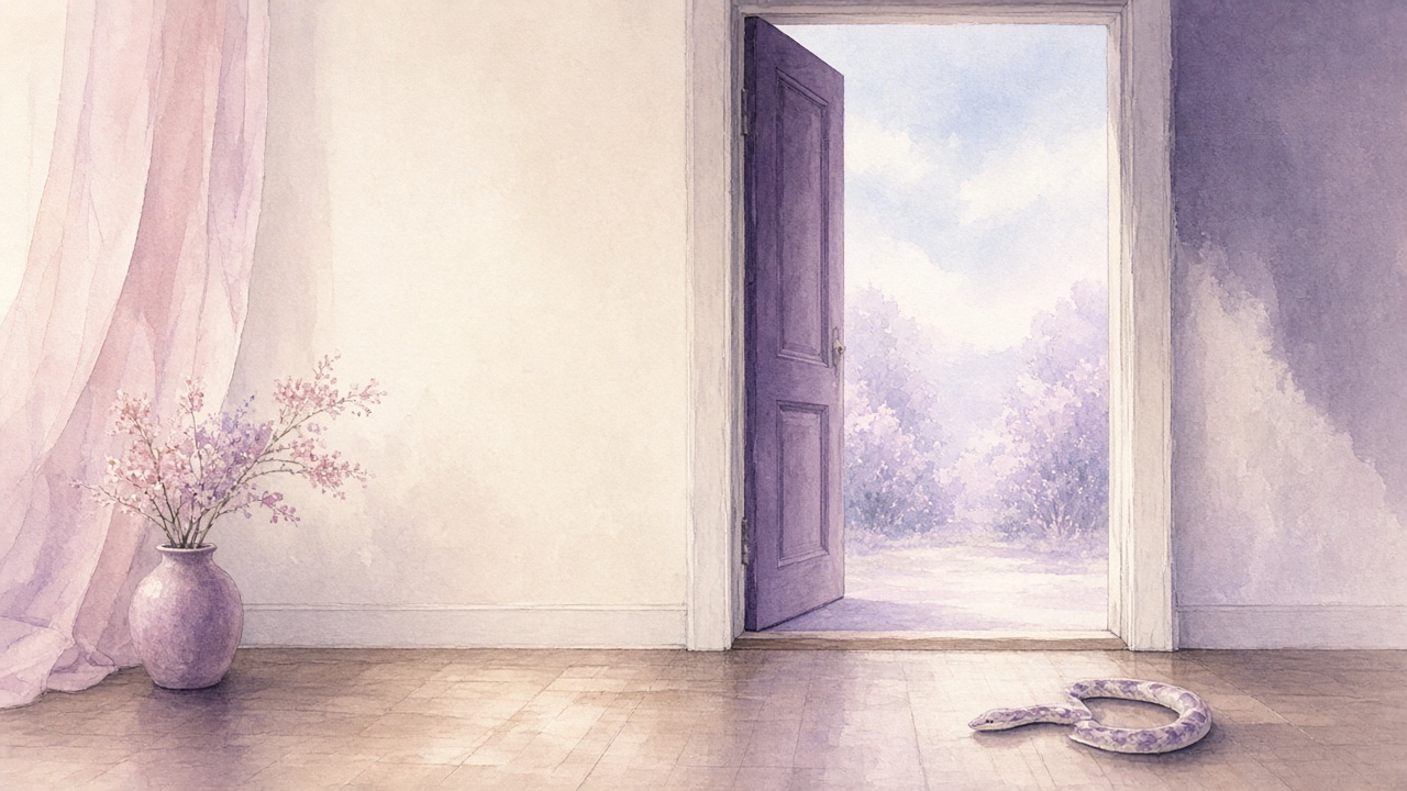 A calm pale snake resting on a wooden floor near an open doorway in soft morning light