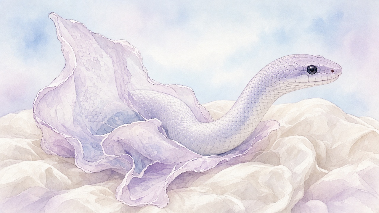 A pale snake shedding translucent skin on soft cream fabric in calm light
