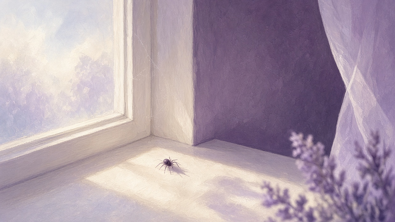A small spider on a sunlit windowsill beside a glass of water, soft indoor afternoon light