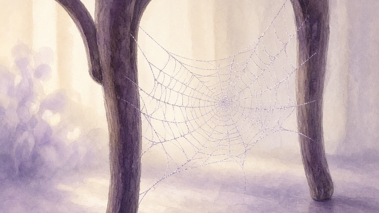 A delicate empty web stretched between two chair backs in a quiet room at dusk