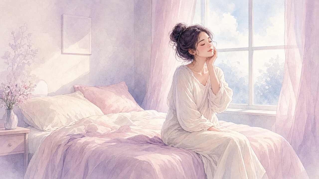 A person sitting on the edge of a bed in soft morning light, gently touching their jaw
