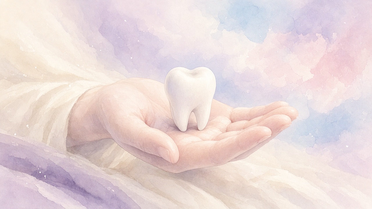 An open hand holding one smooth white tooth against soft cream fabric in calm light