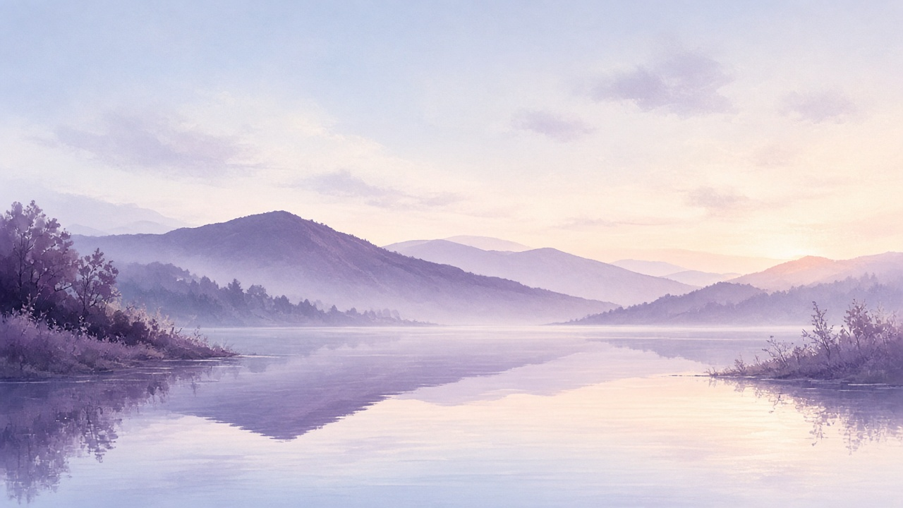 Calm lake water meeting a rocky shore at early morning, sky reflected in still surface