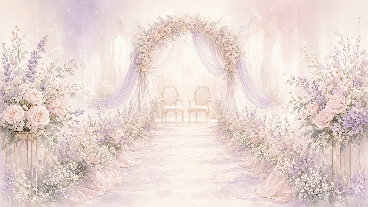 An empty ceremony aisle with two chairs and soft floral light, no people present