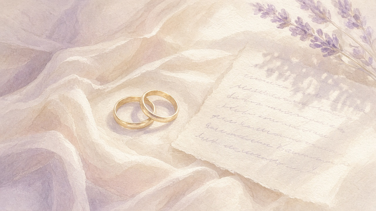 Two plain rings resting on cream fabric beside a handwritten note in calm daylight